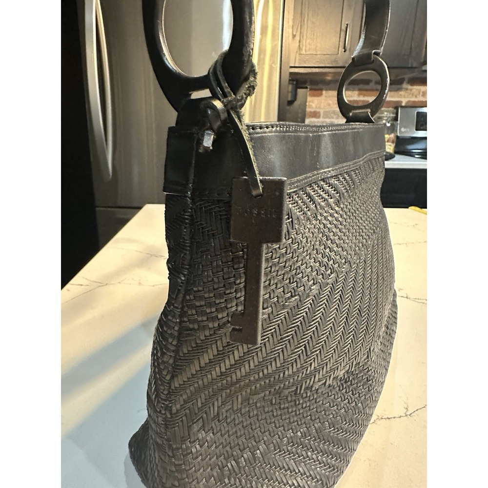 Vintage 1990's Fossil Shoulder Woven Black Leather Shoulder Bag - Picture 4 of 11